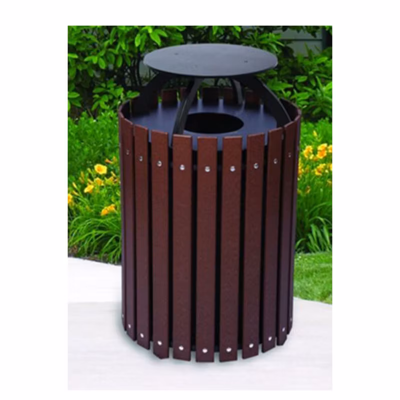 Outdoor Park Round Wood Garbage Trash Can Outside Public Recycle Waste Bin