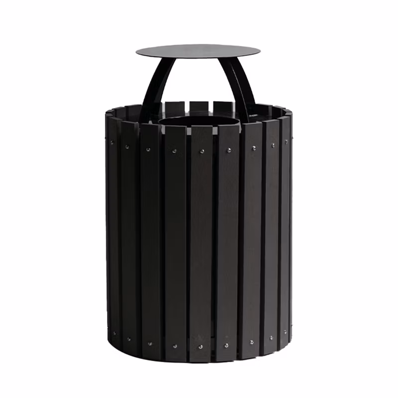 Outdoor Park Round Wood Garbage Trash Can Outside Public Recycle Waste Bin