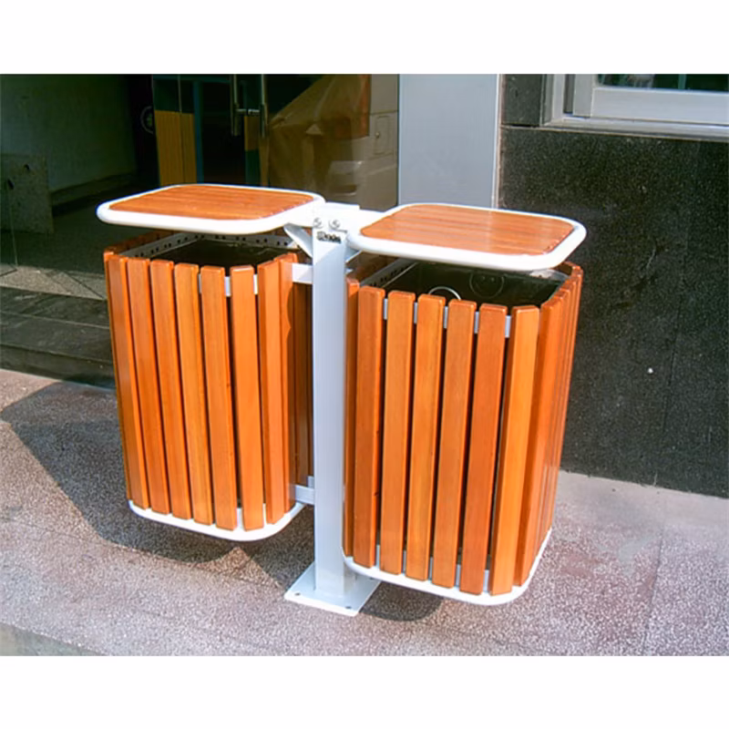 Outdoor Wooden Dual Compartment Garbage Bin Trash Can Street Waste Basket Dustbin