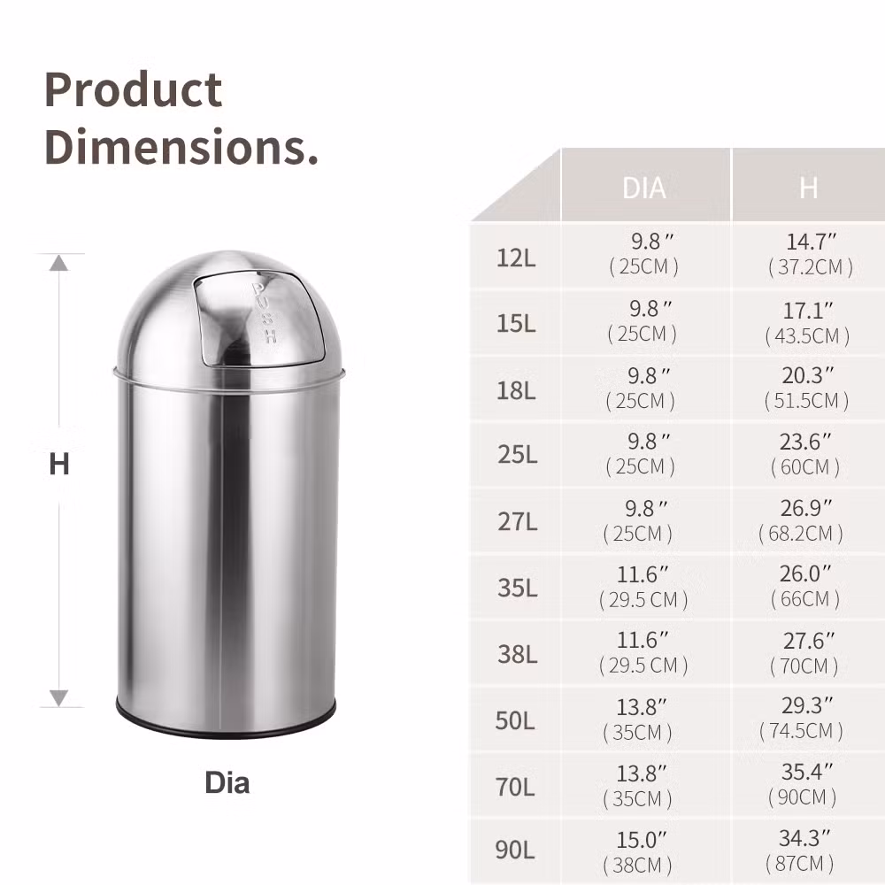 Full Size 12L 27L 35L 50L 70L 90L Round Recycling Bins for Public Spaces Waste Management Indoor Outdoor for Households Shopping Malls Push Bin