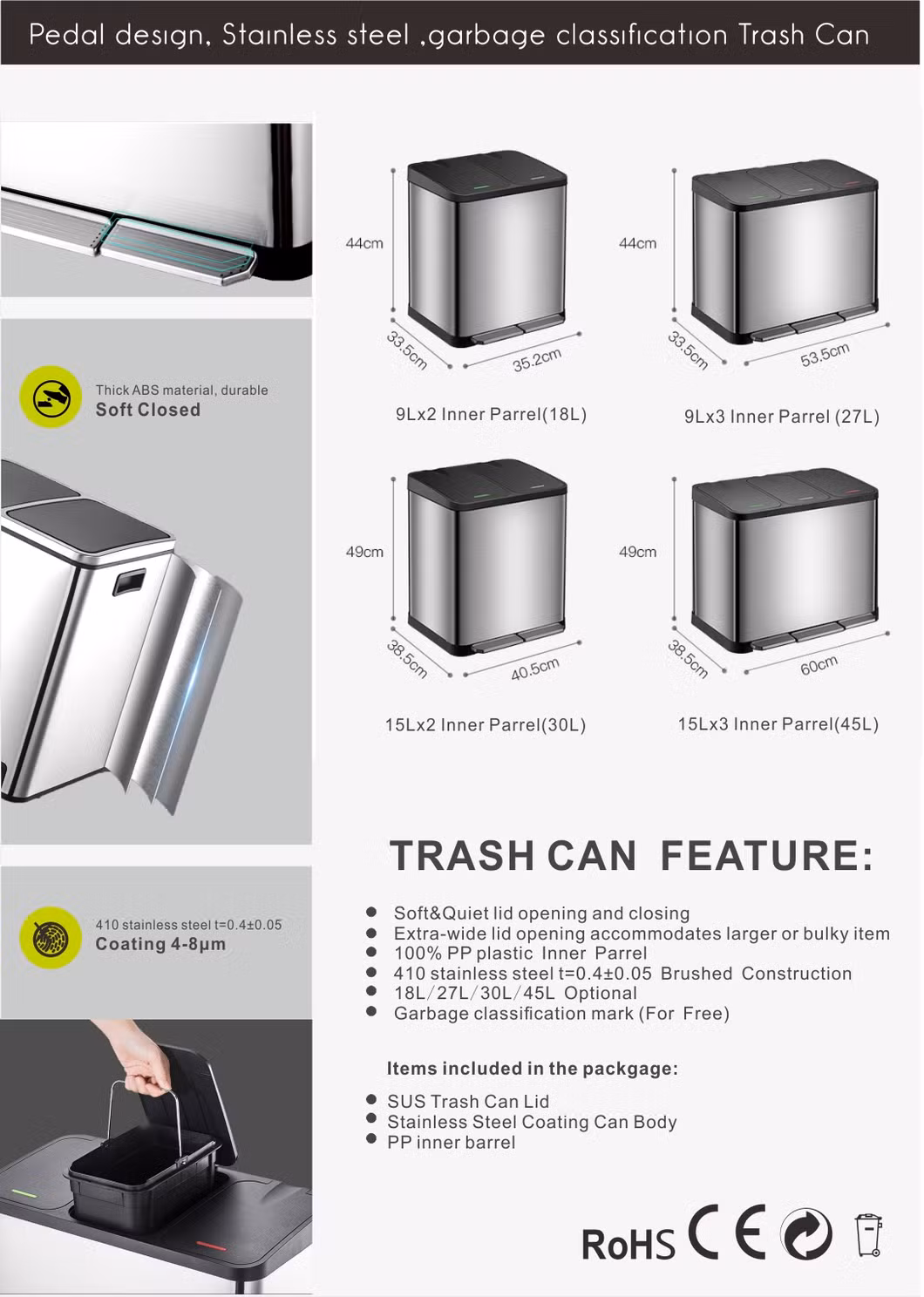 Step on Stainless Steel Trash Can & Recycle, Bin Body with Handle, Includes 2 Removable Buckets