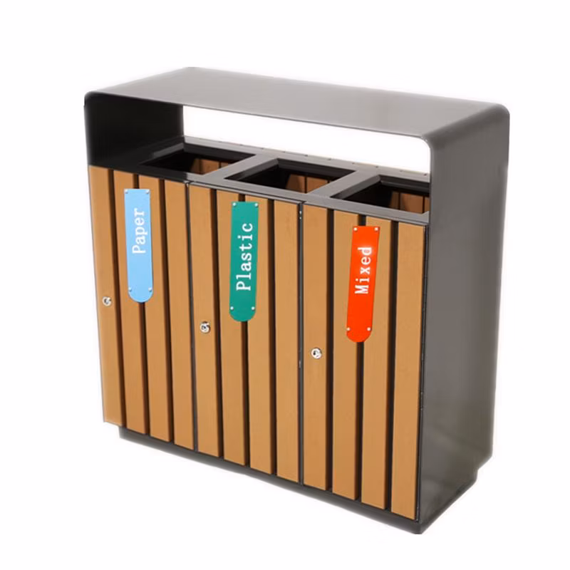 Outdoor Commercial Wood Sorting Trash Garbage Can Public Triple Recycling Waste Bin