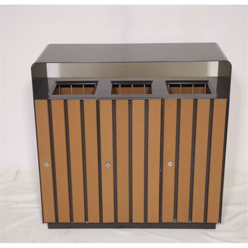 Outdoor Commercial Wood Sorting Trash Garbage Can Public Triple Recycling Waste Bin