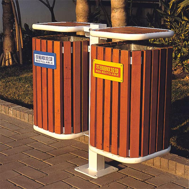 Outdoor Wooden Dual Compartment Garbage Bin Trash Can Street Waste Basket Dustbin