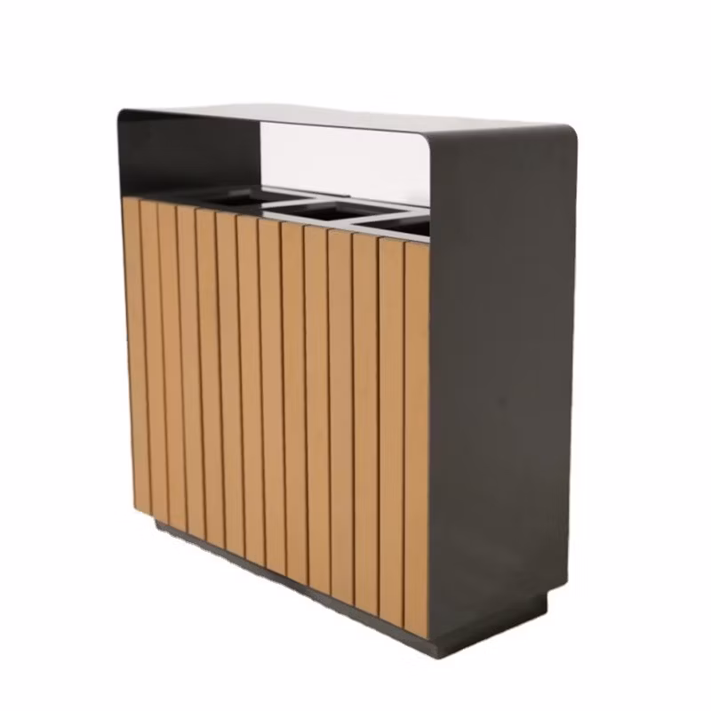 Outdoor Commercial Wood Sorting Trash Garbage Can Public Triple Recycling Waste Bin