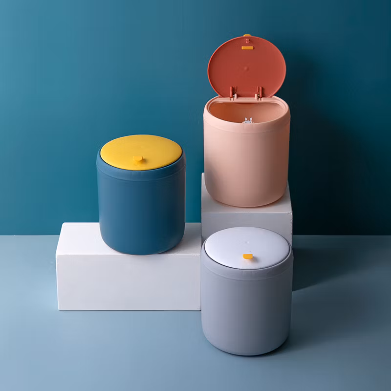 Colored Cute Office Countertop Small Mini Desk Compressible Plastic Trash Can with Lid