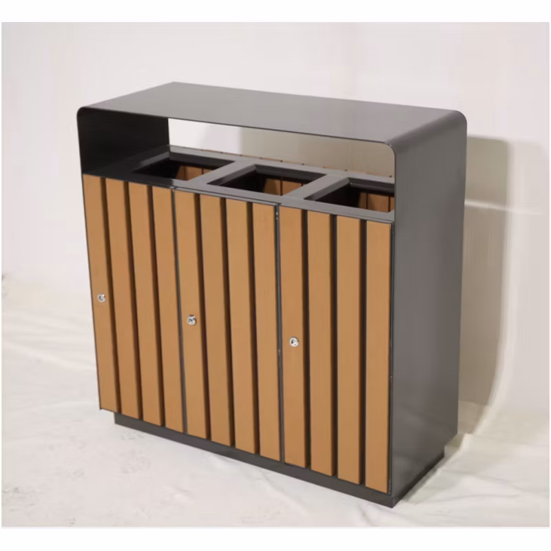 Outdoor Commercial Wood Sorting Trash Garbage Can Public Triple Recycling Waste Bin