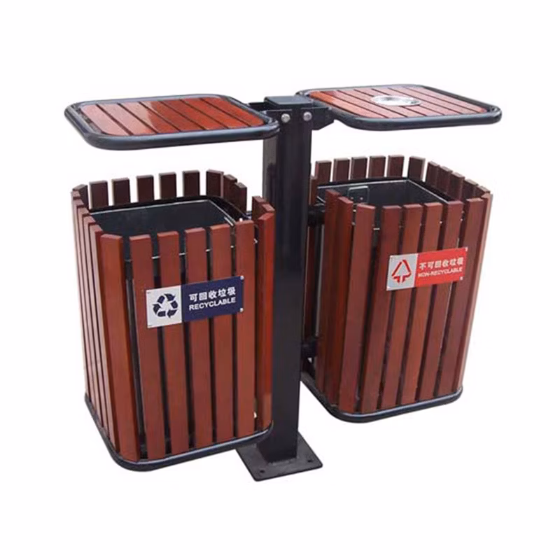 Outdoor Wooden Dual Compartment Garbage Bin Trash Can Street Waste Basket Dustbin