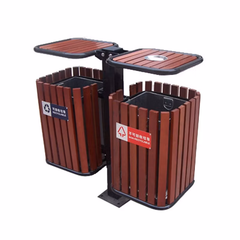 Outdoor Wooden Dual Compartment Garbage Bin Trash Can Street Waste Basket Dustbin