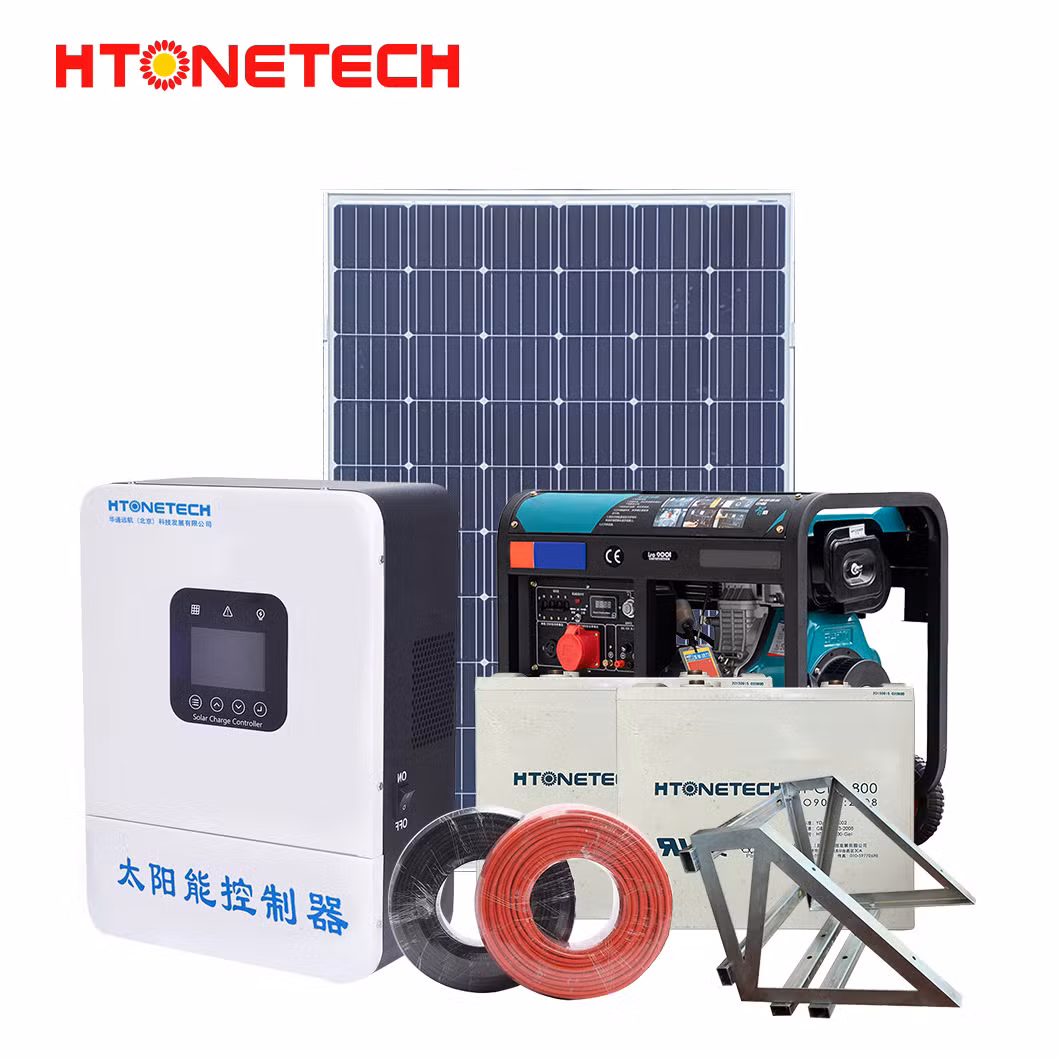 Htonetech 5kw off Grid Solar Power System Complete Kit China 12 Volt Monocrystalline Solar Panel Single Cylinder Electric Diesel Generator 40kwh Solar System