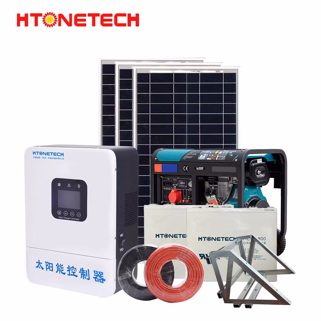 Htonetech 5kw off Grid Solar Power System Complete Kit China 12 Volt Monocrystalline Solar Panel Single Cylinder Electric Diesel Generator 40kwh Solar System