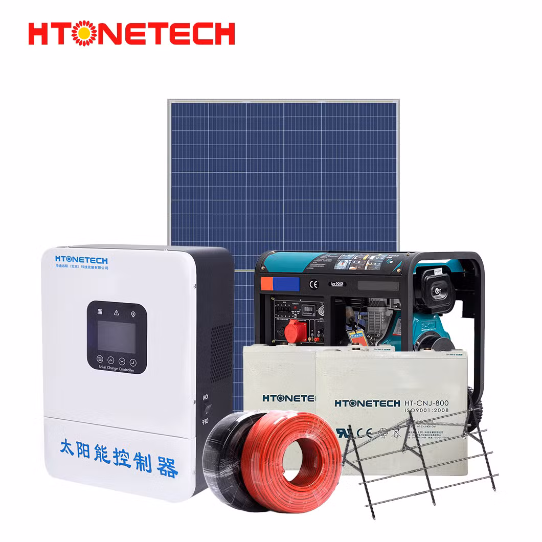 Htonetech 5kw off Grid Solar Power System Complete Kit China 12 Volt Monocrystalline Solar Panel Single Cylinder Electric Diesel Generator 40kwh Solar System