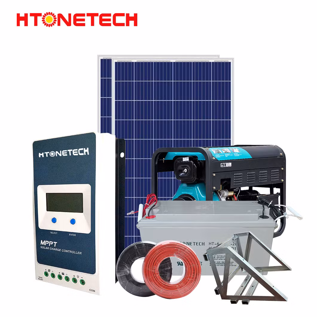 Htonetech 5kw off Grid Solar Power System Complete Kit China 12 Volt Monocrystalline Solar Panel Single Cylinder Electric Diesel Generator 40kwh Solar System