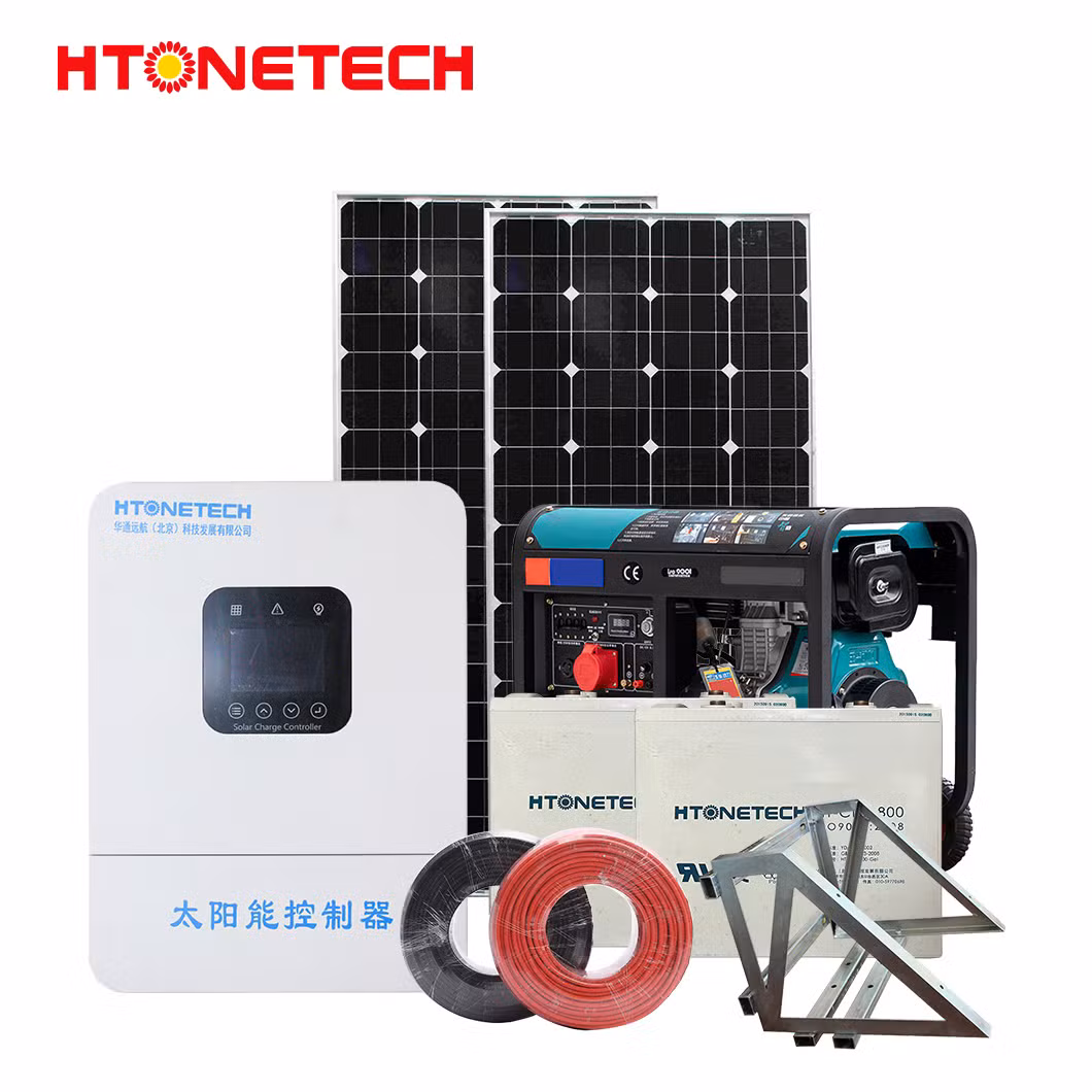 Htonetech 5kw off Grid Solar Power System Complete Kit China 12 Volt Monocrystalline Solar Panel Single Cylinder Electric Diesel Generator 40kwh Solar System