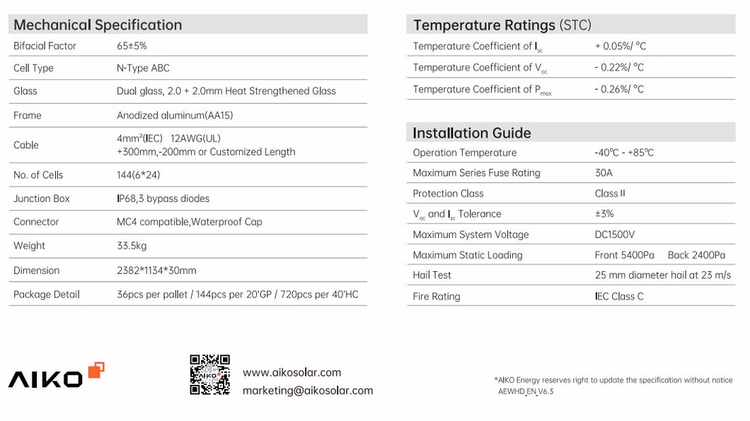 Aiko 23.7% High Efficiency Sirius Series N-Type ABC Cell for Coastal Aera