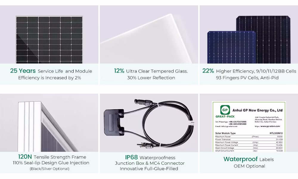 25 Years Warranty 560W 550W 540W Monocrystalline PV Module Solar Panel for Home System with Full Certificates