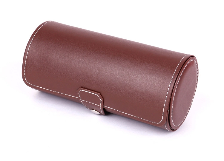 Wholesale Customized Round Cylinder Luxury Leather Travel Watch Box, Wholesale 2 Slots Round PU Black Leather Portable Travel Watch Case Box