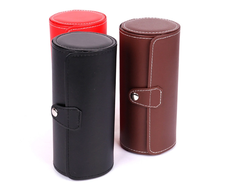 Wholesale Customized Round Cylinder Luxury Leather Travel Watch Box, Wholesale 2 Slots Round PU Black Leather Portable Travel Watch Case Box