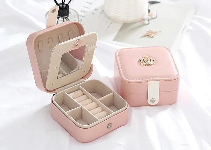 PU Leather Jewelry Box with Crown Luxury Travel Jewelry Organizer Necklace Ring Earring Storage Case