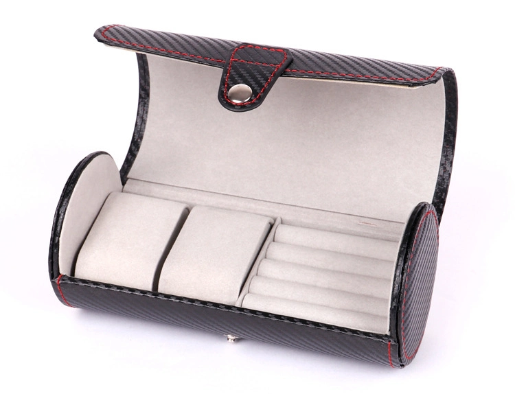 Wholesale Customized Round Cylinder Luxury Leather Travel Watch Box, Wholesale 2 Slots Round PU Black Leather Portable Travel Watch Case Box