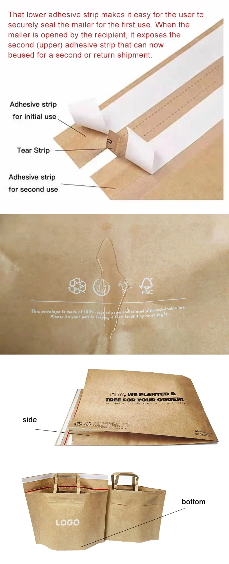 A5 Rigid Custom Printed Flat Mailer Self Seal Clothing Packaging Shipping Mailing Bags Expandable Kraft Paper Cardboard Envelope