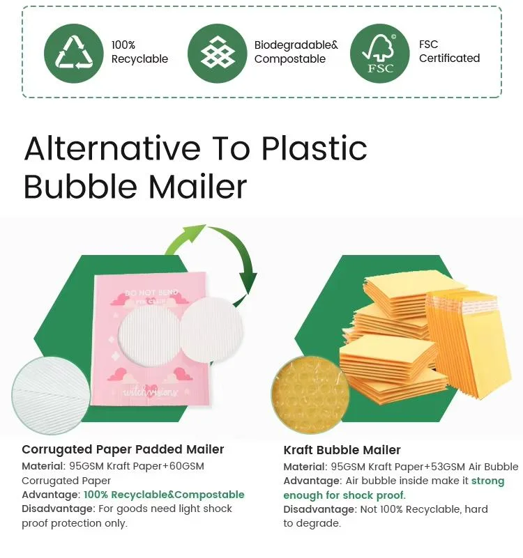 100% Biodegradable Kraft Cardboard Paper Bags Rigid Mailer Packaging Corrugated Paper Cushion Bag Envelope Style