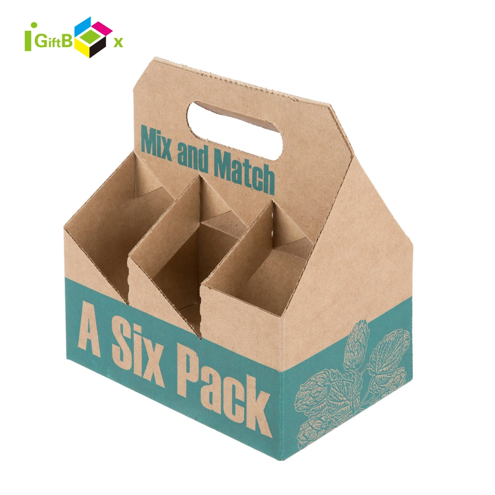 Six Pack Carton Divider Custom 4 Foldable Paper Glass Carrier Bottle Wine Gift Corrugated Cardboard 6 Beer Corrugated Handle Paper Box