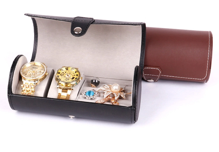 Wholesale Customized Round Cylinder Luxury Leather Travel Watch Box, Wholesale 2 Slots Round PU Black Leather Portable Travel Watch Case Box