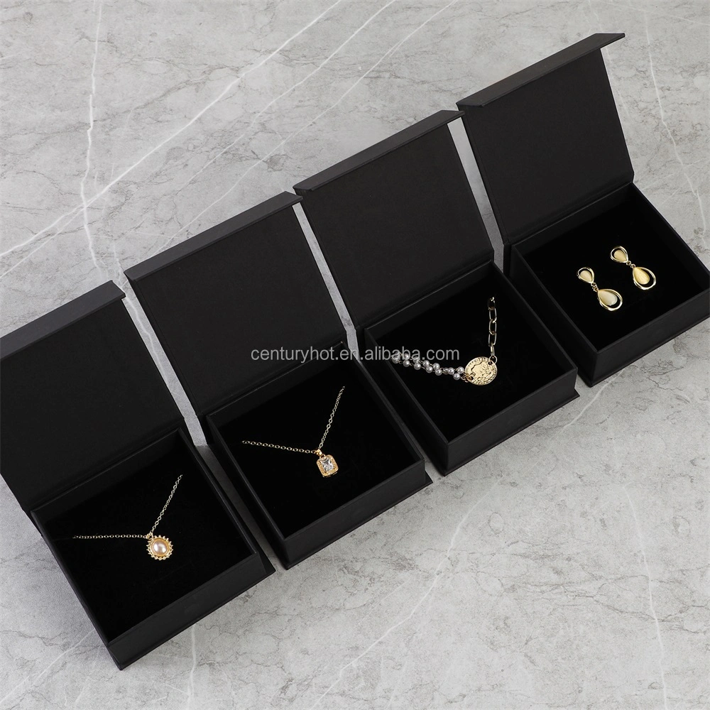 Puppysew 9*9*3.5cm Black Luxury Flip Magnetic Necklace Jewelry Box with Logo Cardboard Bracelet Ring Necklace Jewelry Box