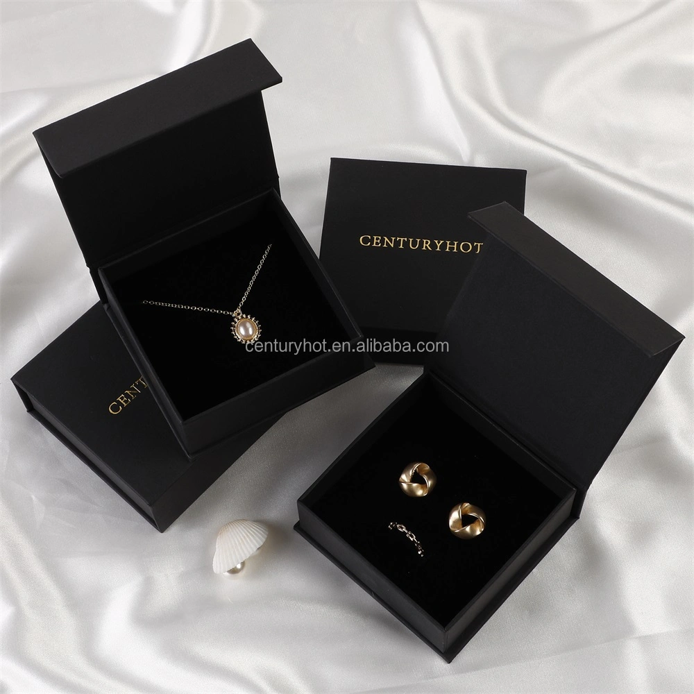 Puppysew 9*9*3.5cm Black Luxury Flip Magnetic Necklace Jewelry Box with Logo Cardboard Bracelet Ring Necklace Jewelry Box