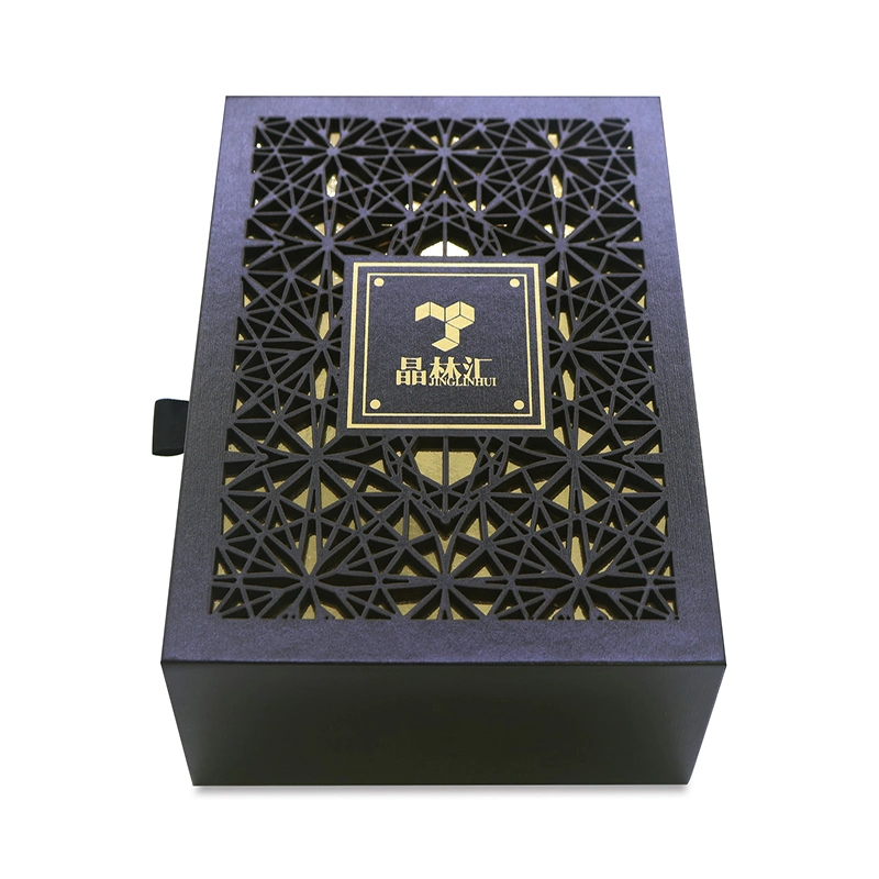 Factory Directly Sell Perfume Engraved Leather Packaging Box Wooden Drawer Box with Inner Tray and Handle.