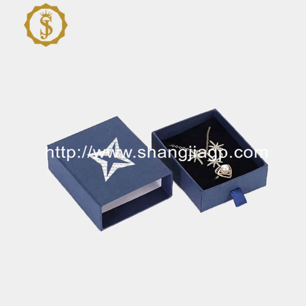 Luxury Unique Wholesale Custom Blue Drawer Cardboard Gift Packaging Necklace Earring Velvet Paper Jewelry Boxes with Logo