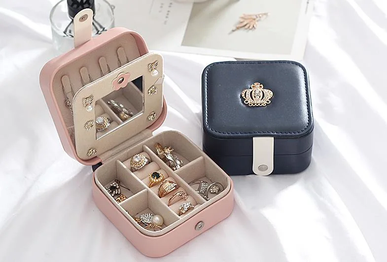 PU Leather Jewelry Box with Crown Luxury Travel Jewelry Organizer Necklace Ring Earring Storage Case