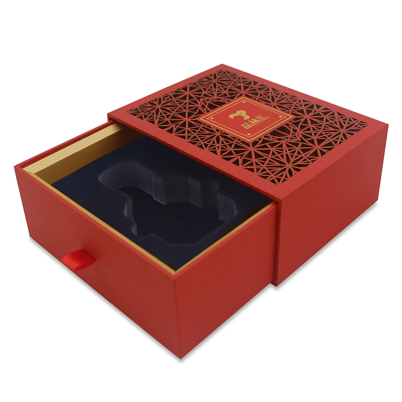 Factory Directly Sell Perfume Engraved Leather Packaging Box Wooden Drawer Box with Inner Tray and Handle.
