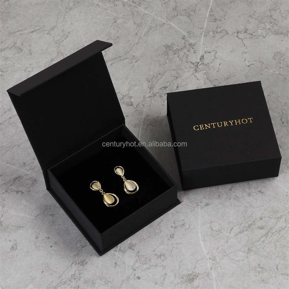 Puppysew 9*9*3.5cm Black Luxury Flip Magnetic Necklace Jewelry Box with Logo Cardboard Bracelet Ring Necklace Jewelry Box