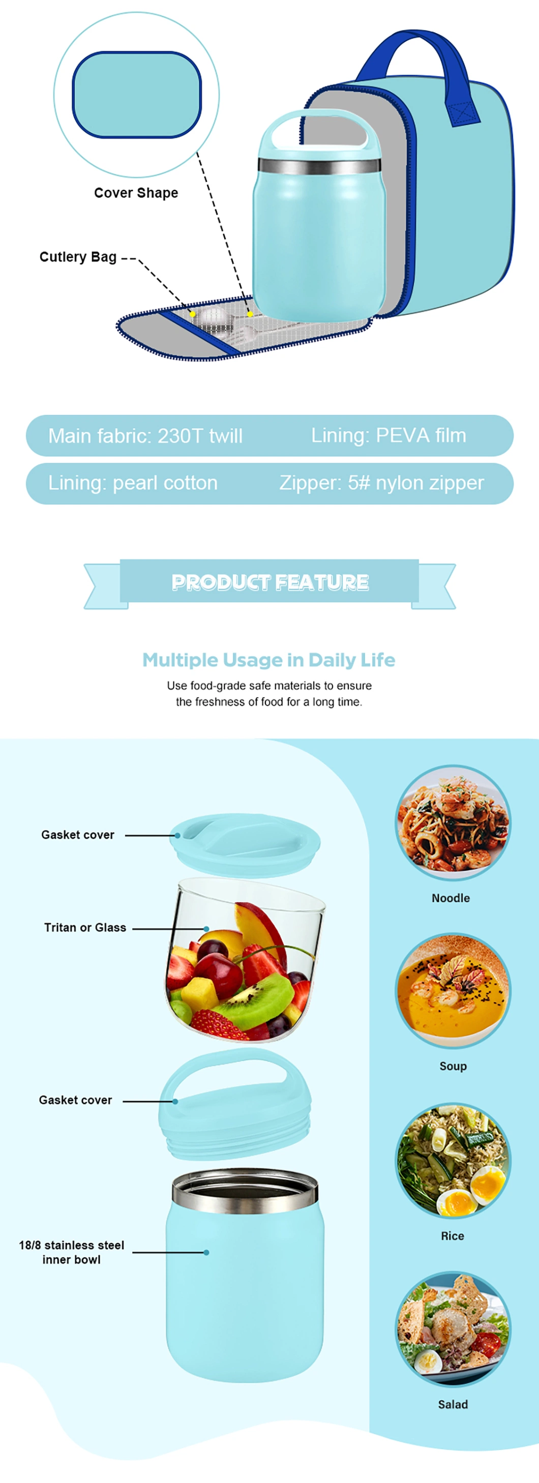 Soup Breakfast Cup Double Layer Food Jar Stainless Steel Lunch Box for Kids with Spoon