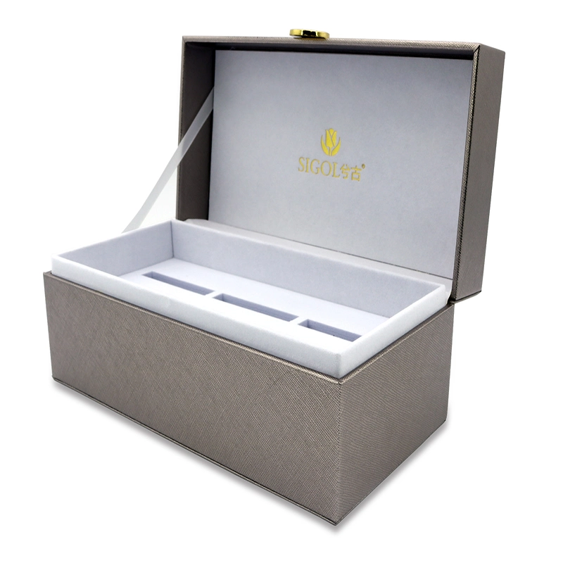 Factory Directly Sell Perfume Engraved Leather Packaging Box Wooden Drawer Box with Inner Tray and Handle.
