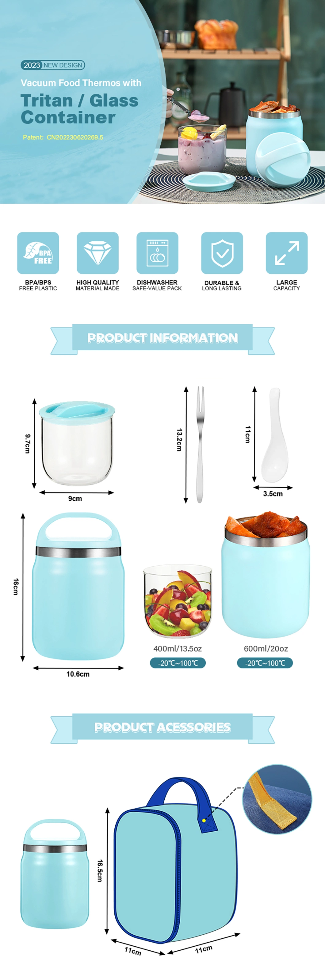 Soup Breakfast Cup Double Layer Food Jar Stainless Steel Lunch Box for Kids with Spoon