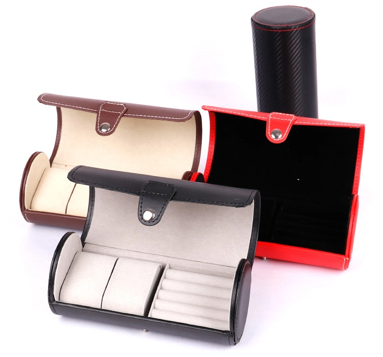 Wholesale Customized Round Cylinder Luxury Leather Travel Watch Box, Wholesale 2 Slots Round PU Black Leather Portable Travel Watch Case Box