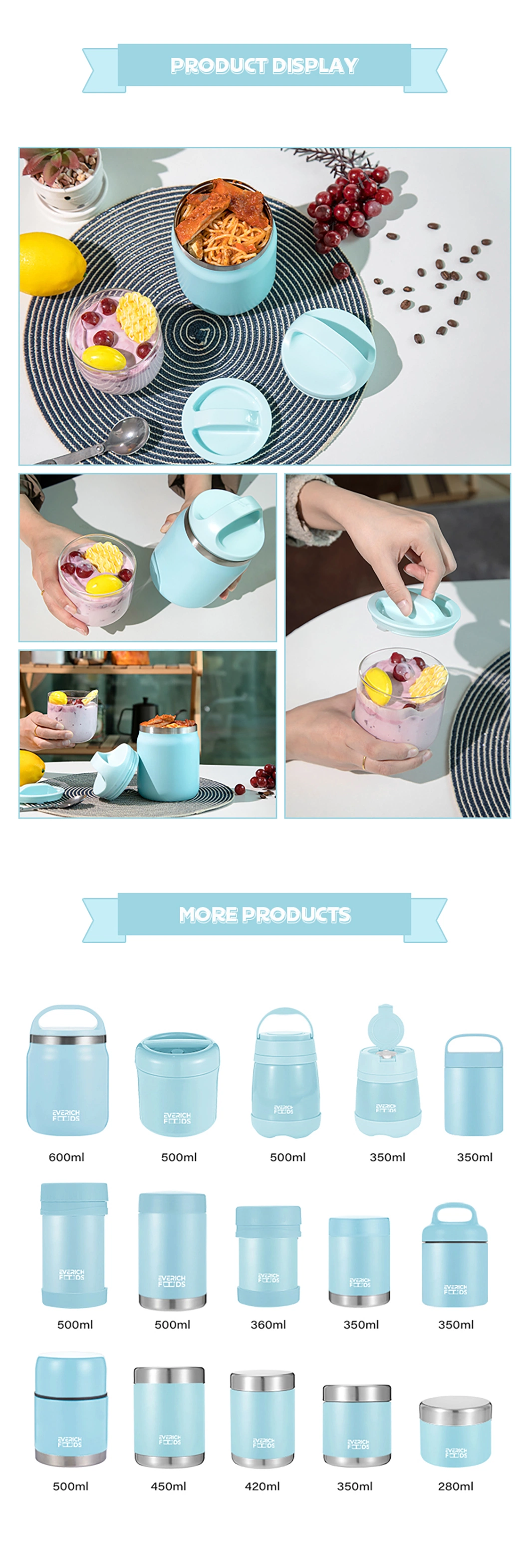 Soup Breakfast Cup Double Layer Food Jar Stainless Steel Lunch Box for Kids with Spoon