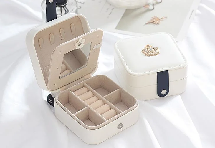 PU Leather Jewelry Box with Crown Luxury Travel Jewelry Organizer Necklace Ring Earring Storage Case