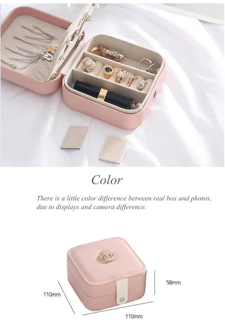 PU Leather Jewelry Box with Crown Luxury Travel Jewelry Organizer Necklace Ring Earring Storage Case