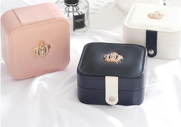 PU Leather Jewelry Box with Crown Luxury Travel Jewelry Organizer Necklace Ring Earring Storage Case