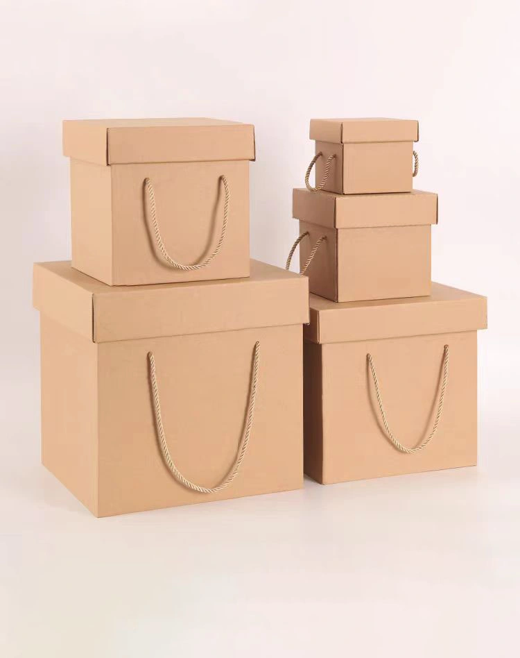 Wholesale Customized Corrugated Brown Kraft Paper Box Packaging with Rope or Plastic Handle