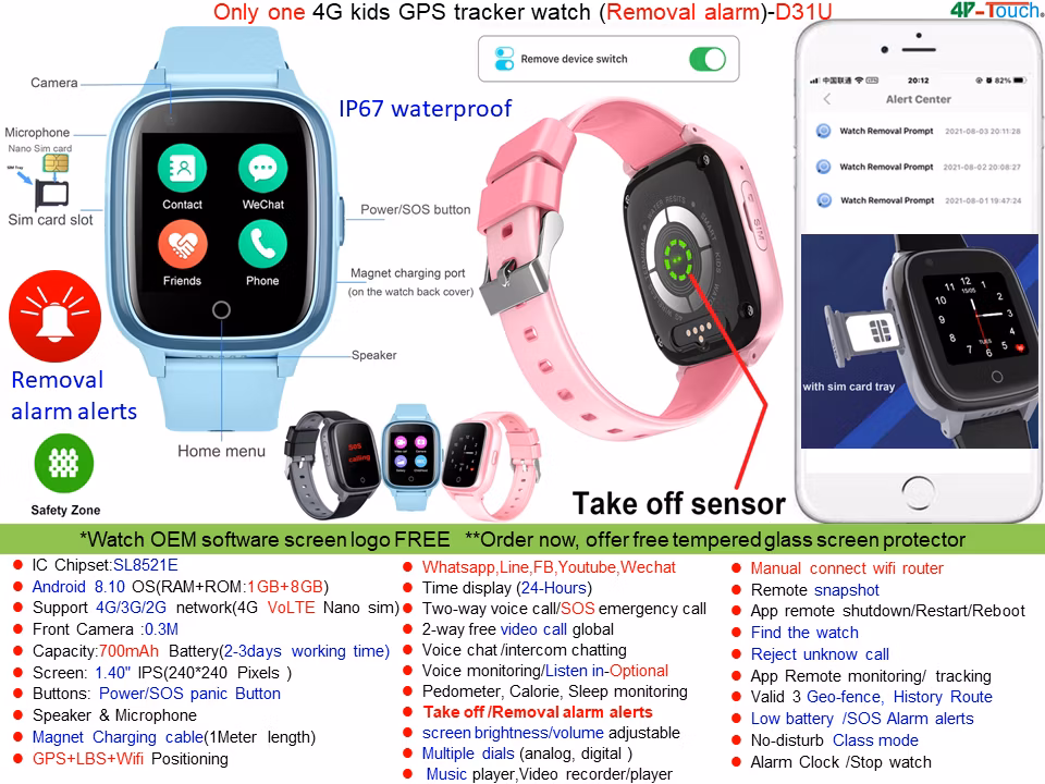 2024 The latest 4G WiFi Tracking Video Call Waterproof SOS Call Boys Girls Kids GPS security Smart Watch with Removal Alert for Emergency Help D31U