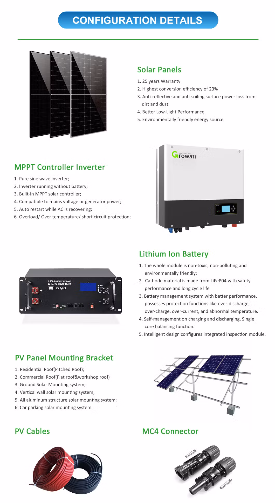 House Residential Commercial on off Grid Hybrid 1kw 5kw 6kw 7.6kw 8kw 10kw 12kw 15kw 20kw 50kw PV Solar Panel Module Kit Energy Power System