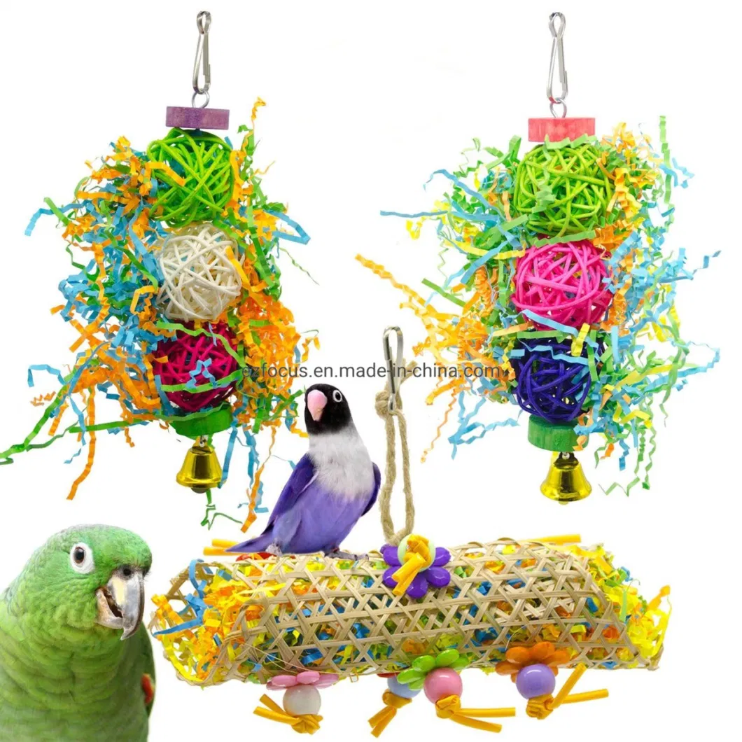 Bird Swing Toys Bells Bird Perch with Wood Beads Bells Wooden Hammock Hanging Toys for Budgie Lovebirds Conures Parakeet Parrots (Set of 3) Wbb12591