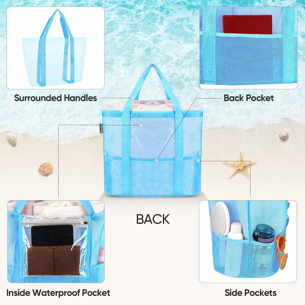 Custom Packaging Bag Nylon Mesh Beach Tote Bags for Women and Girls Handbags Wholesale Ladies Large Beach Shoulder Shopping Bag