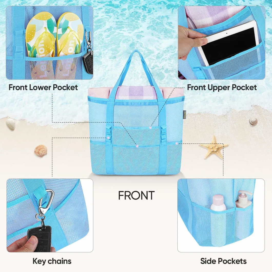 Custom Packaging Bag Nylon Mesh Beach Tote Bags for Women and Girls Handbags Wholesale Ladies Large Beach Shoulder Shopping Bag