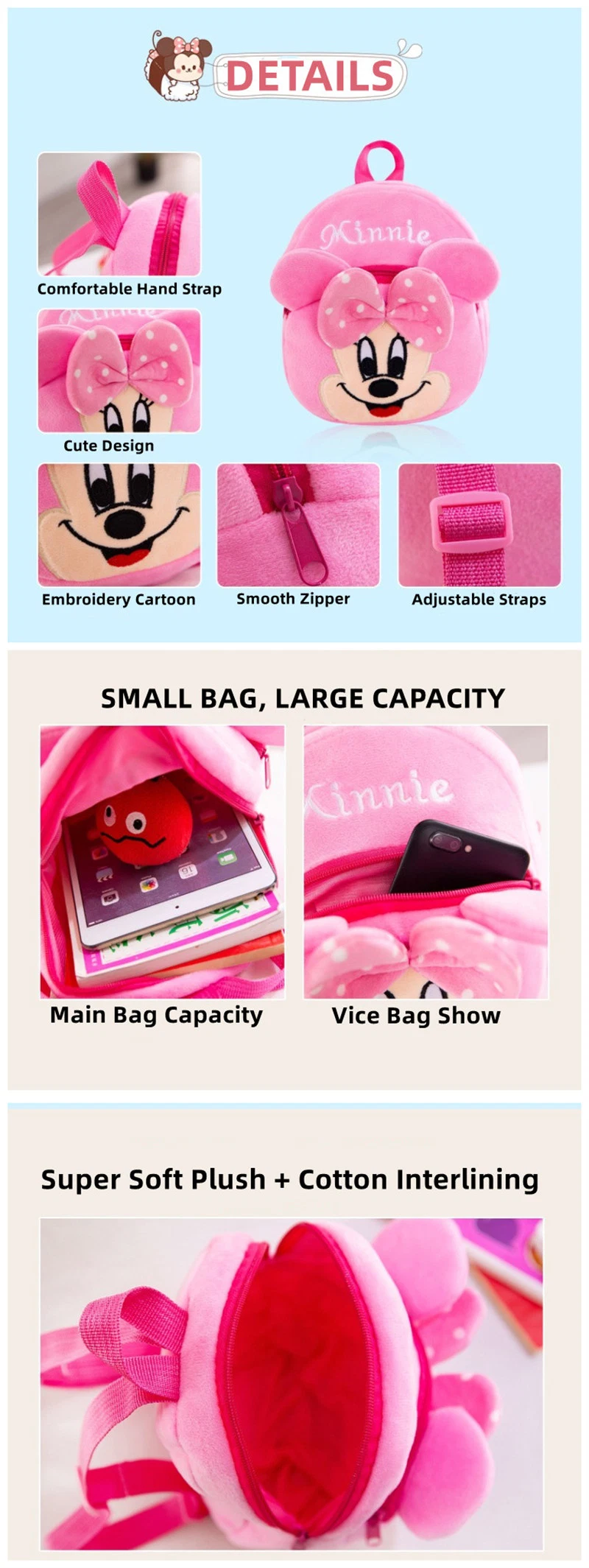 Custom Cute Plush Toddler School Bags Little Girls Backpack for Kids Bag